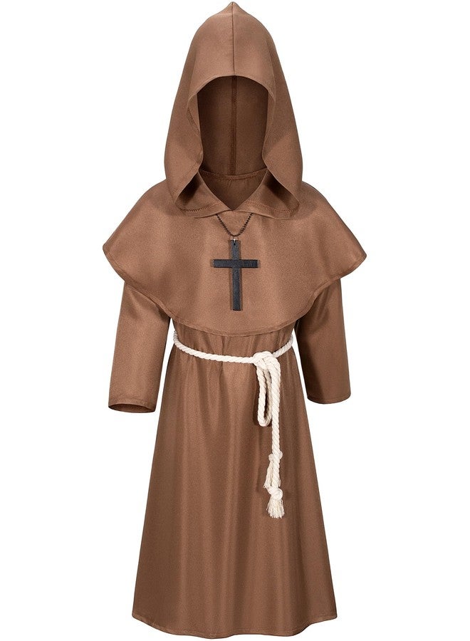 Irtysh Kids Medieval Renaissance Monk Costume Priest Friar Wizard Cloak Hooded Robe Cosplay Costume Belt Necklace Set(BW 150) - Image 2